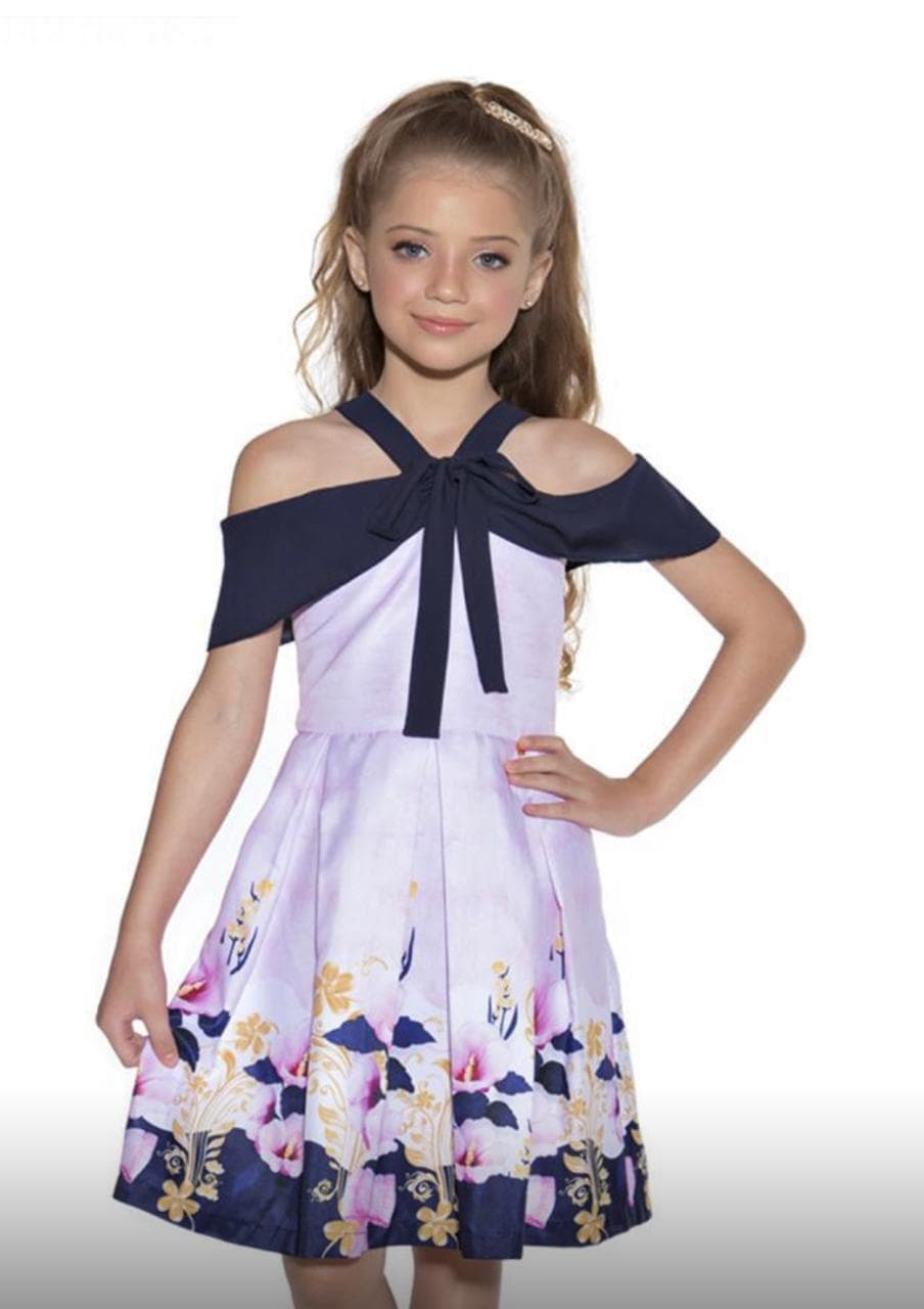 Vestido Diforini 011667 – Lilás com Laço Marinho e Barrado Floral